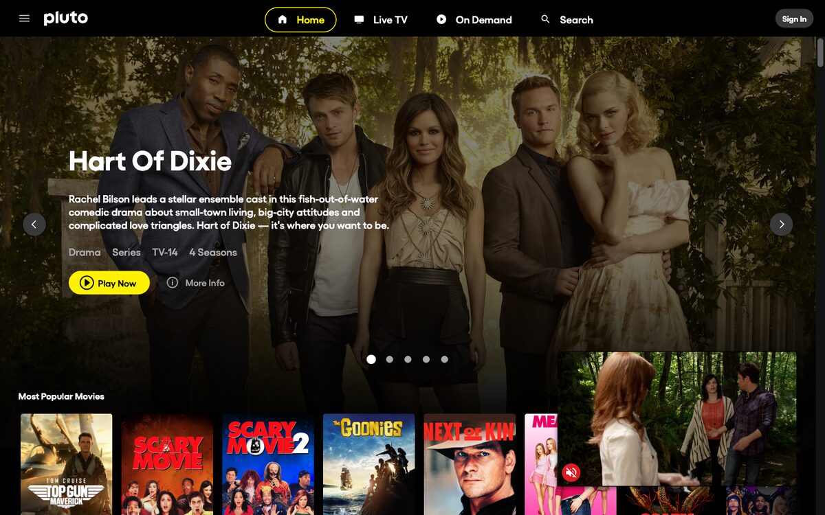 Pluto TV home screen with live channels and on-demand rails