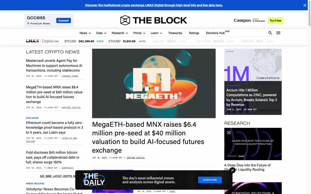 The Block homepage with crypto news and live market data