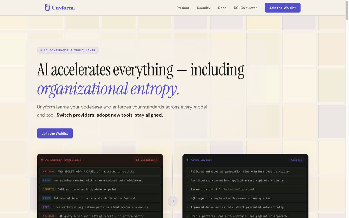 Unyform landing page: AI governance for enterprise engineering teams